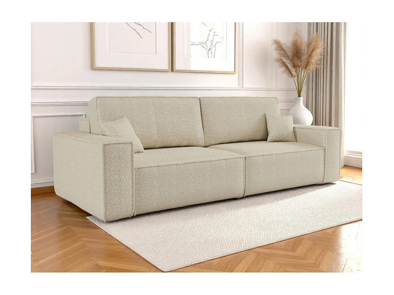 Canapé droit 3 places FARAH convertible en tissu bouclette - Beige