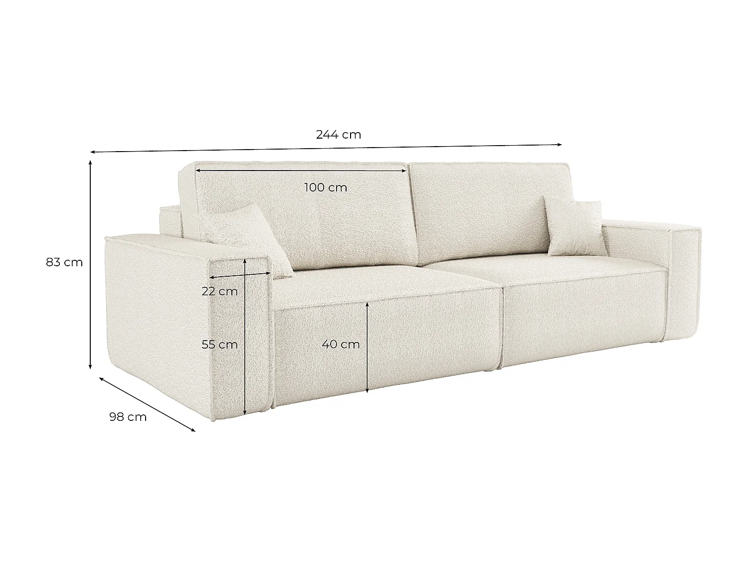 Canapé droit 3 places FARAH convertible en tissu bouclette - Beige