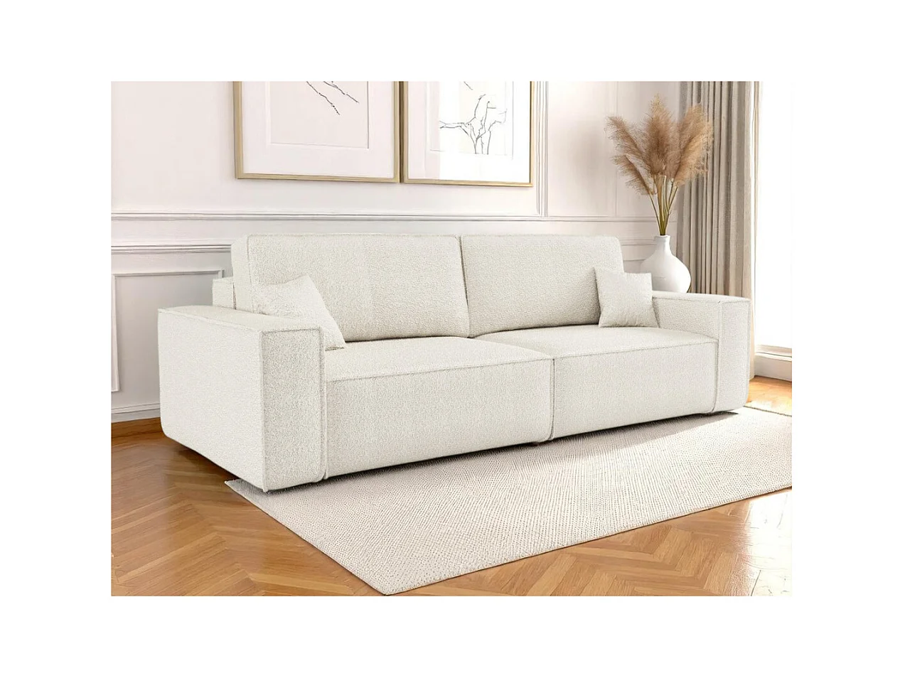 Canapé droit 3 places FARAH convertible en tissu bouclette - Blanc