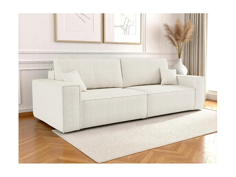 Canapé droit 3 places FARAH convertible en tissu bouclette - Blanc