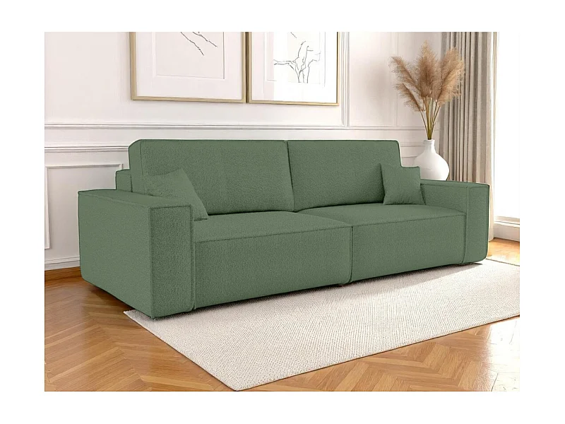 Canapé droit 3 places FARAH convertible en tissu bouclette - Vert
