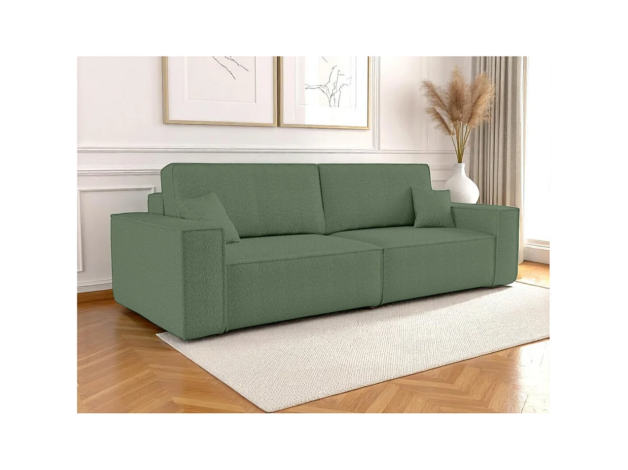 Canapé droit 3 places FARAH convertible en tissu bouclette - Vert