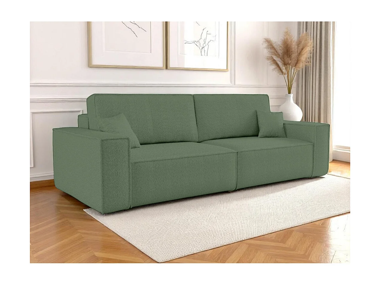 Canapé droit 3 places FARAH convertible en tissu bouclette - Vert
