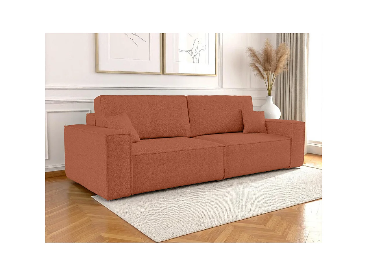 Canapé droit 3 places FARAH convertible en tissu bouclette - Terracotta