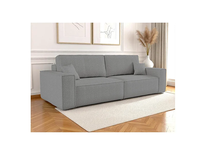 Canapé droit 3 places FARAH convertible en tissu bouclette - Gris