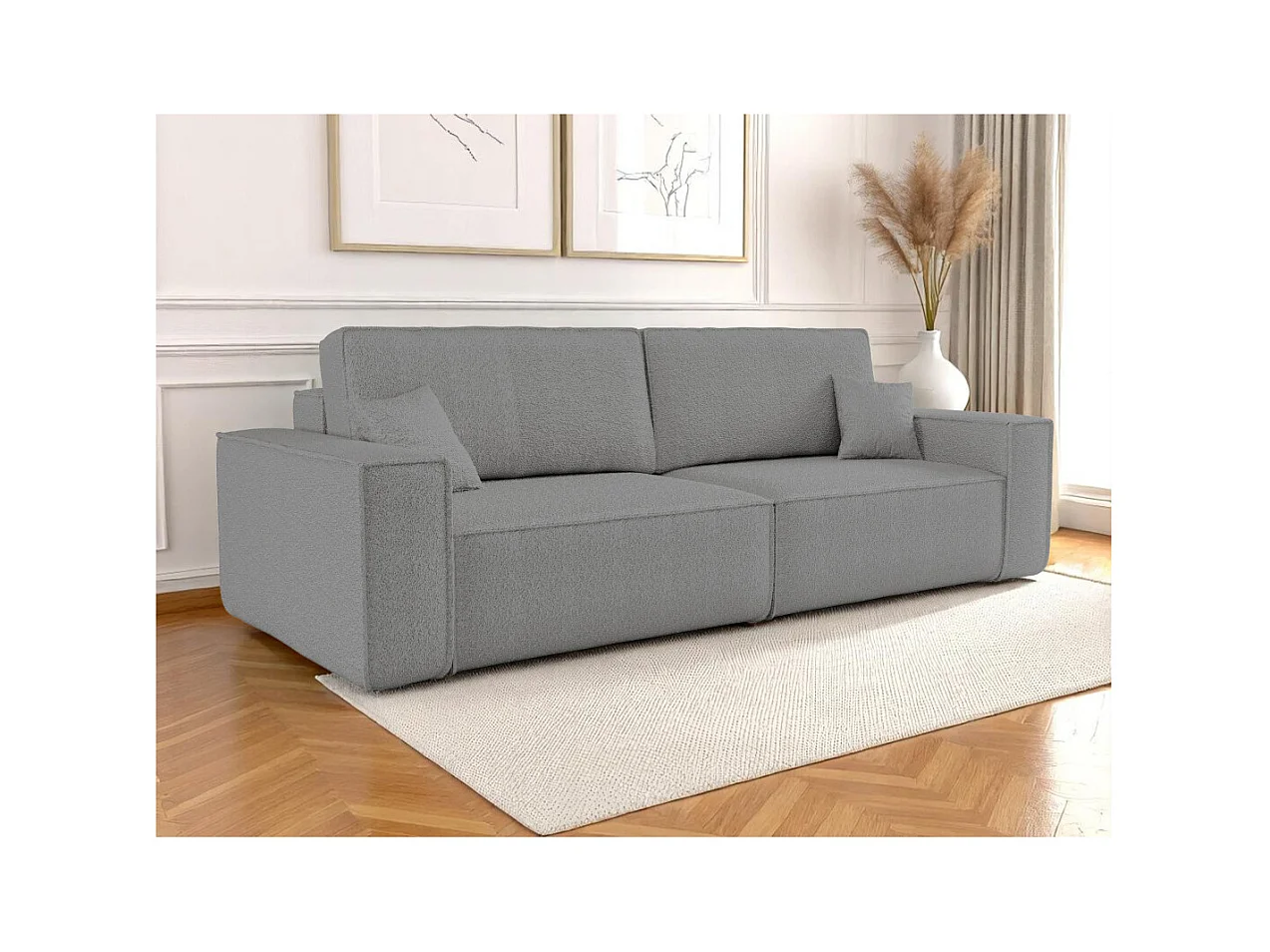 Canapé droit 3 places FARAH convertible en tissu bouclette - Gris