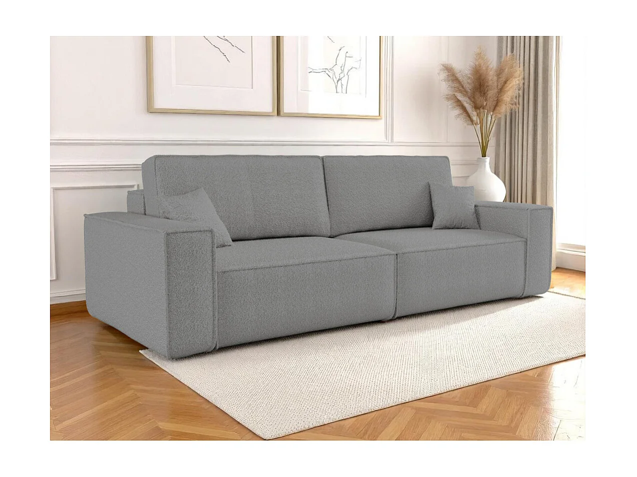 Canapé droit 3 places FARAH convertible en tissu bouclette - Gris