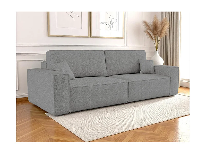 Canapé droit 3 places FARAH convertible en tissu bouclette - Gris