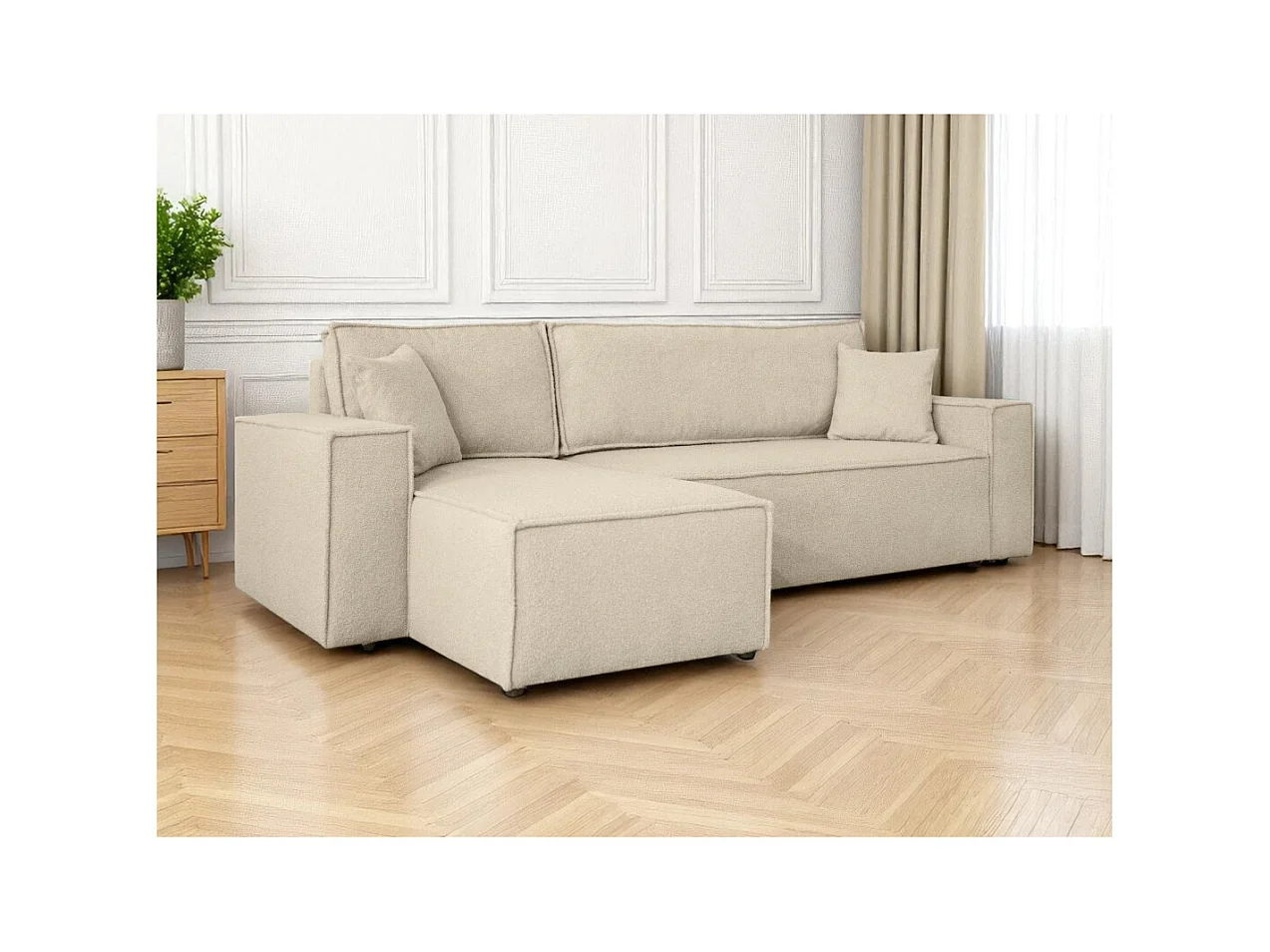 Canapé FARAH d'angle réversible et convertible 4 places en tissu bouclette - Beige