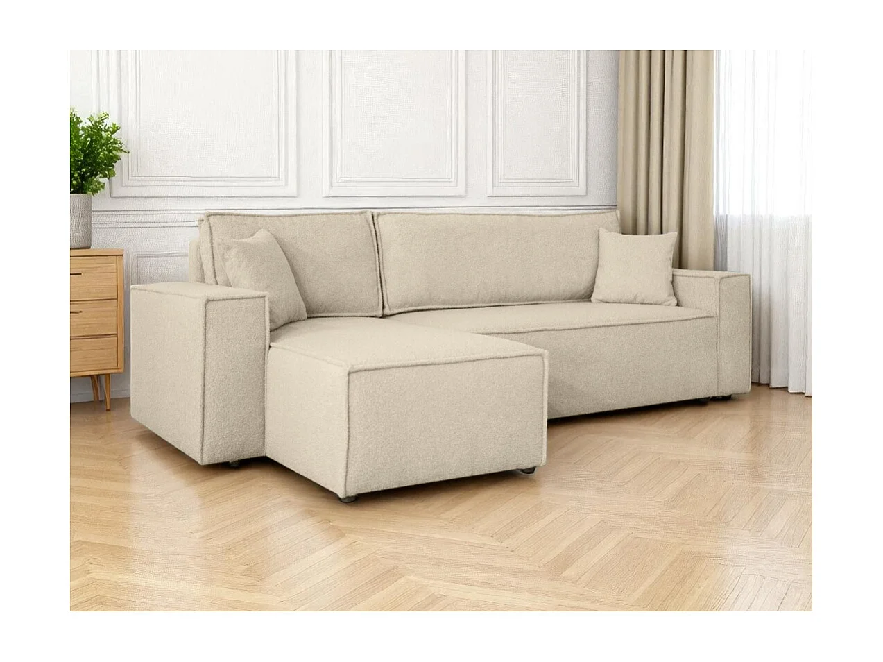 Canapé FARAH d'angle réversible et convertible 4 places en tissu bouclette - Beige