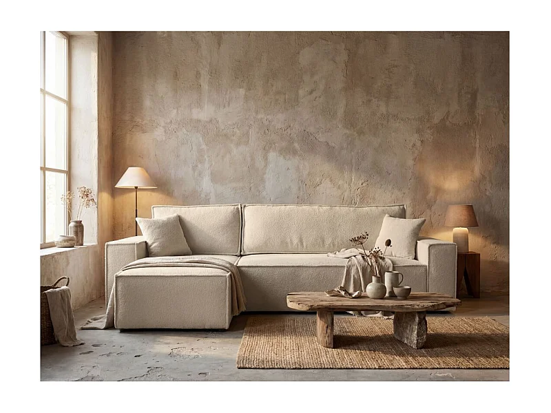 Canapé FARAH d'angle réversible et convertible 4 places en tissu bouclette - Beige