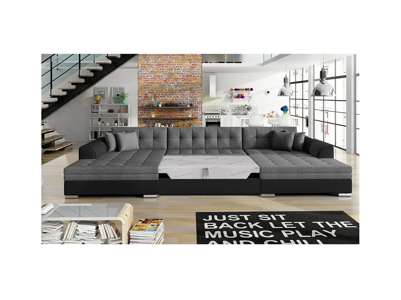 Canapé d'angle panoramique 5 places RIMA convertible en simili et tissu - Noir/Gris anthracite