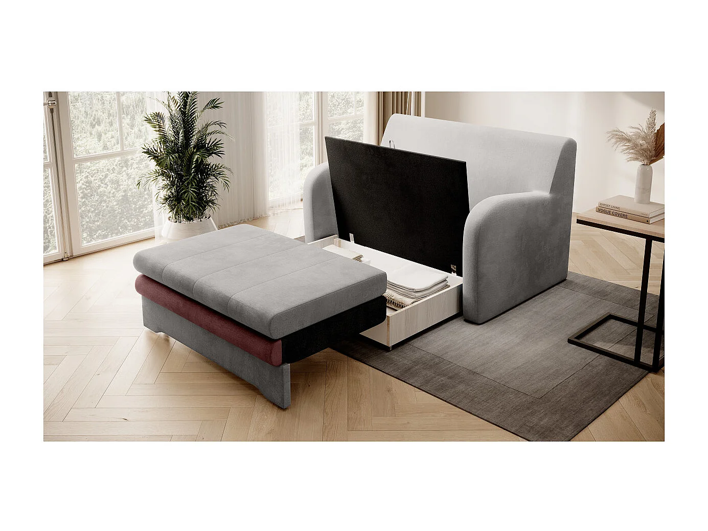 Canapé convertible 2 places SELMA en tissu - Gris clair/Rose