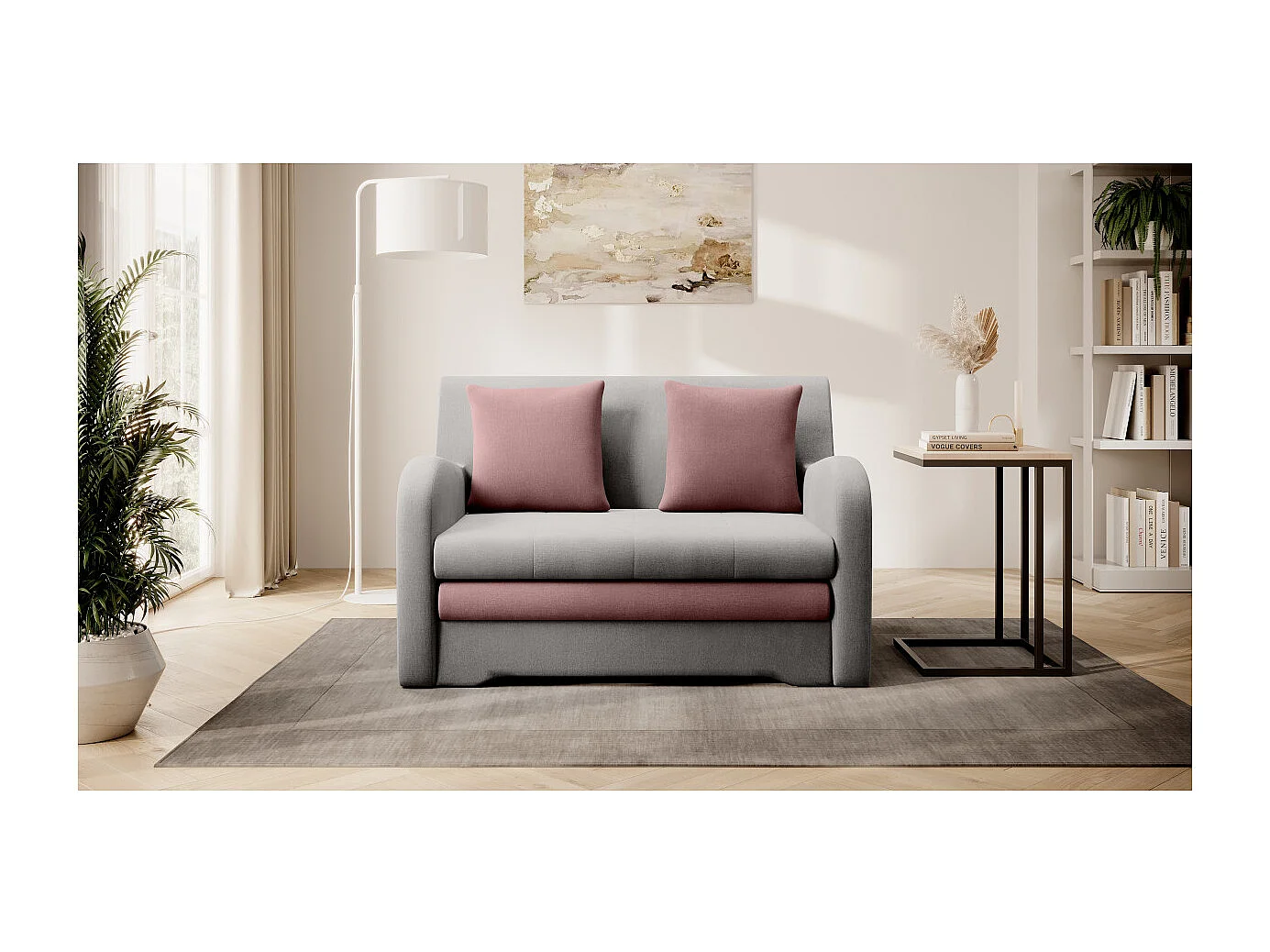 Canapé convertible 2 places SELMA en tissu - Gris clair/Rose