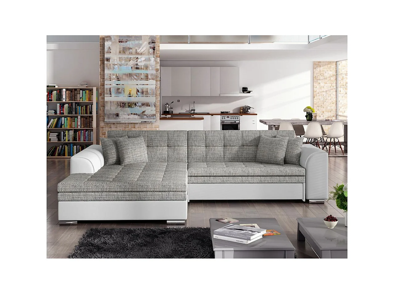 Canapé d'angle gauche 4 places NILA convertible en simili et tissu - Blanc/Gris clair