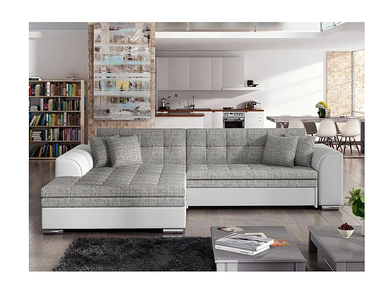 Canapé d'angle gauche 4 places NILA convertible en simili et tissu - Blanc/Gris clair