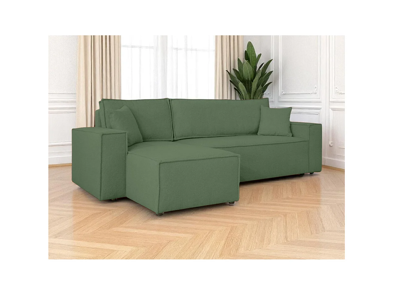 Canapé FARAH d'angle réversible et convertible 4 places en tissu bouclette - Vert