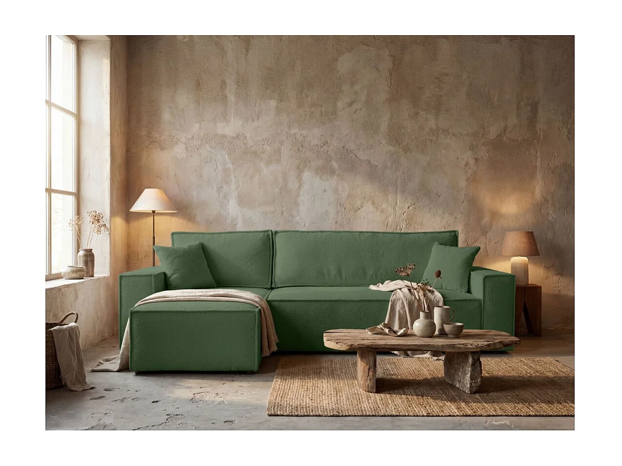 Canapé FARAH d'angle réversible et convertible 4 places en tissu bouclette - Vert