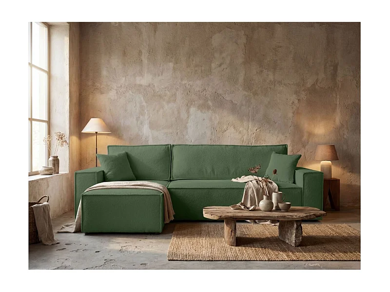 Canapé FARAH d'angle réversible et convertible 4 places en tissu bouclette - Vert