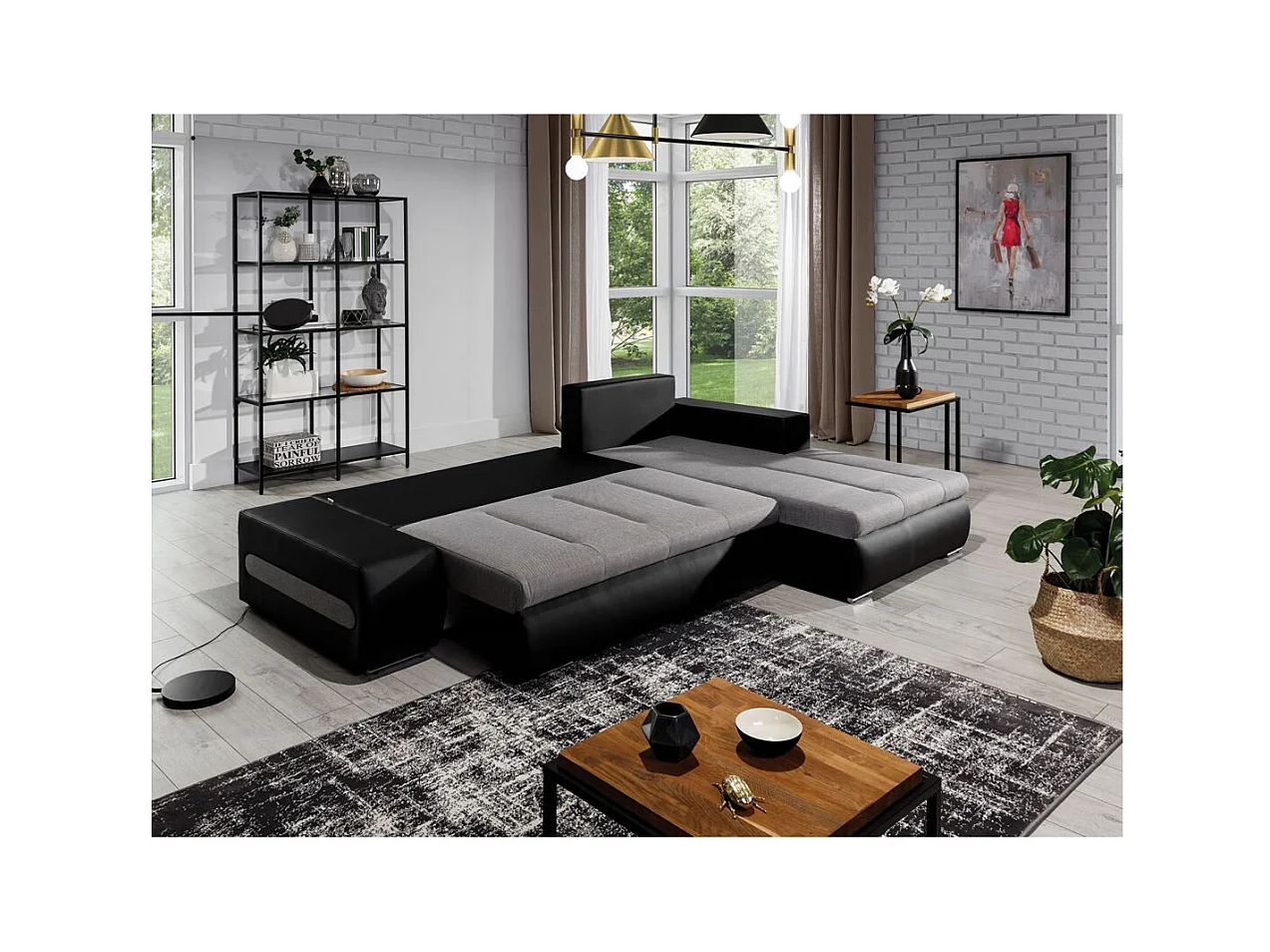 Canapé d'angle droit 4 places NARA convertible en simili et tissu - Noir/Gris clair