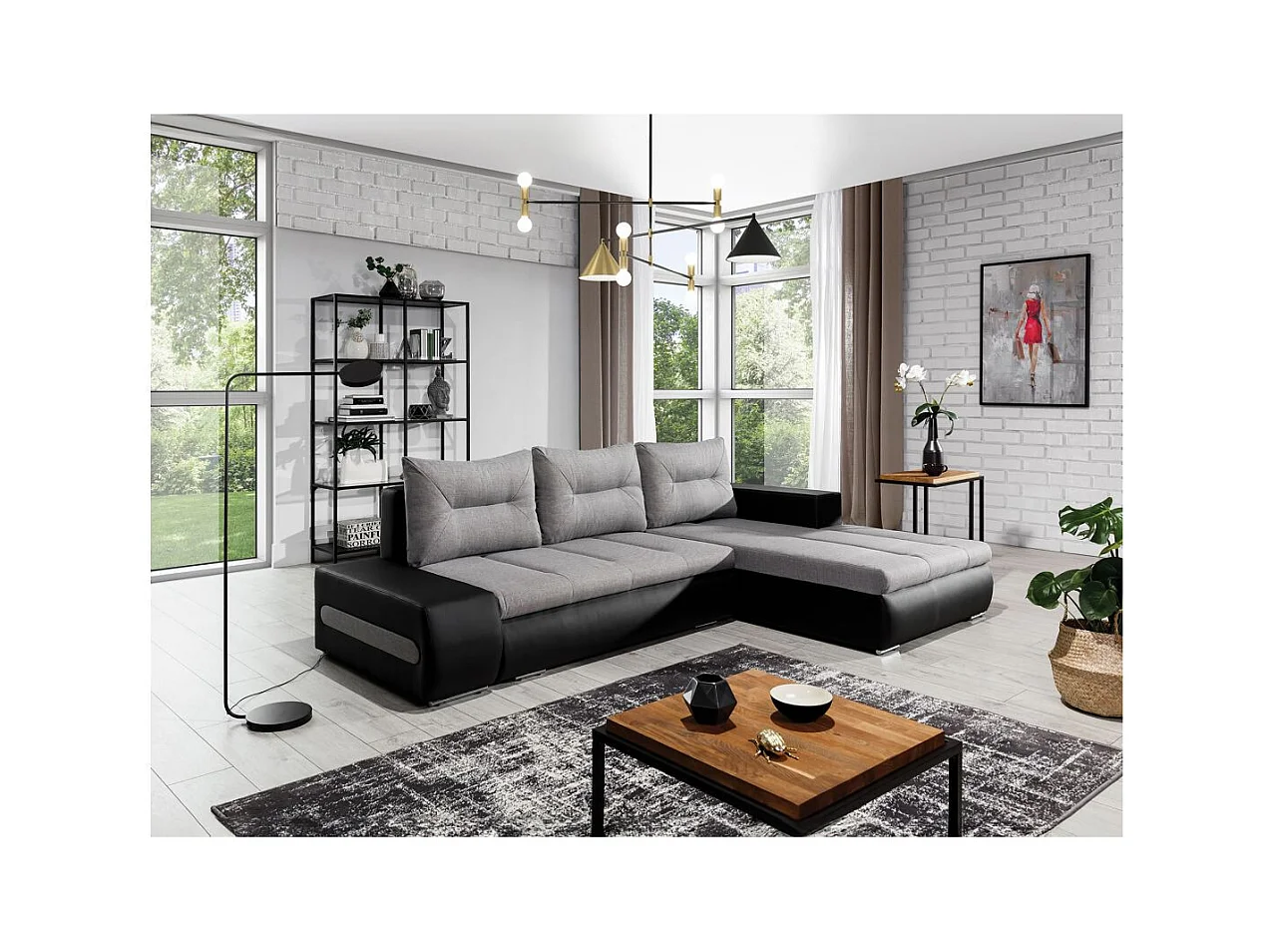 Canapé d'angle droit 4 places NARA convertible en simili et tissu - Noir/Gris clair