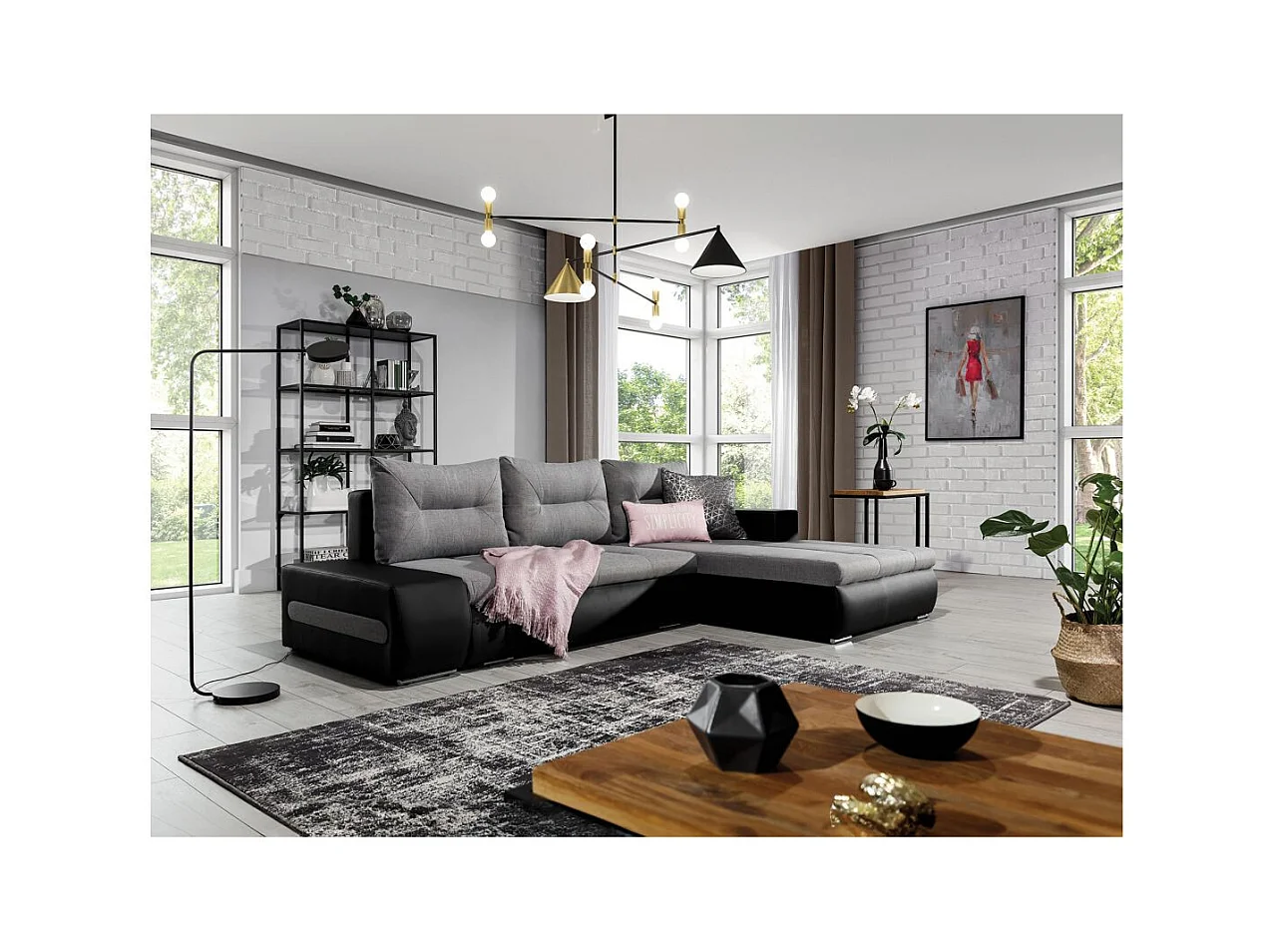 Canapé d'angle droit 4 places NARA convertible en simili et tissu - Noir/Gris clair