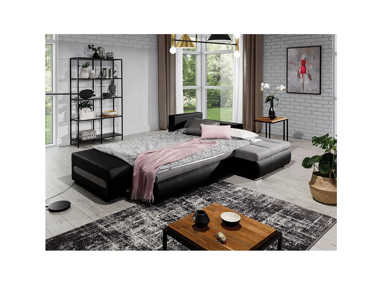 Canapé d'angle droit 4 places NARA convertible en simili et tissu - Noir/Gris clair