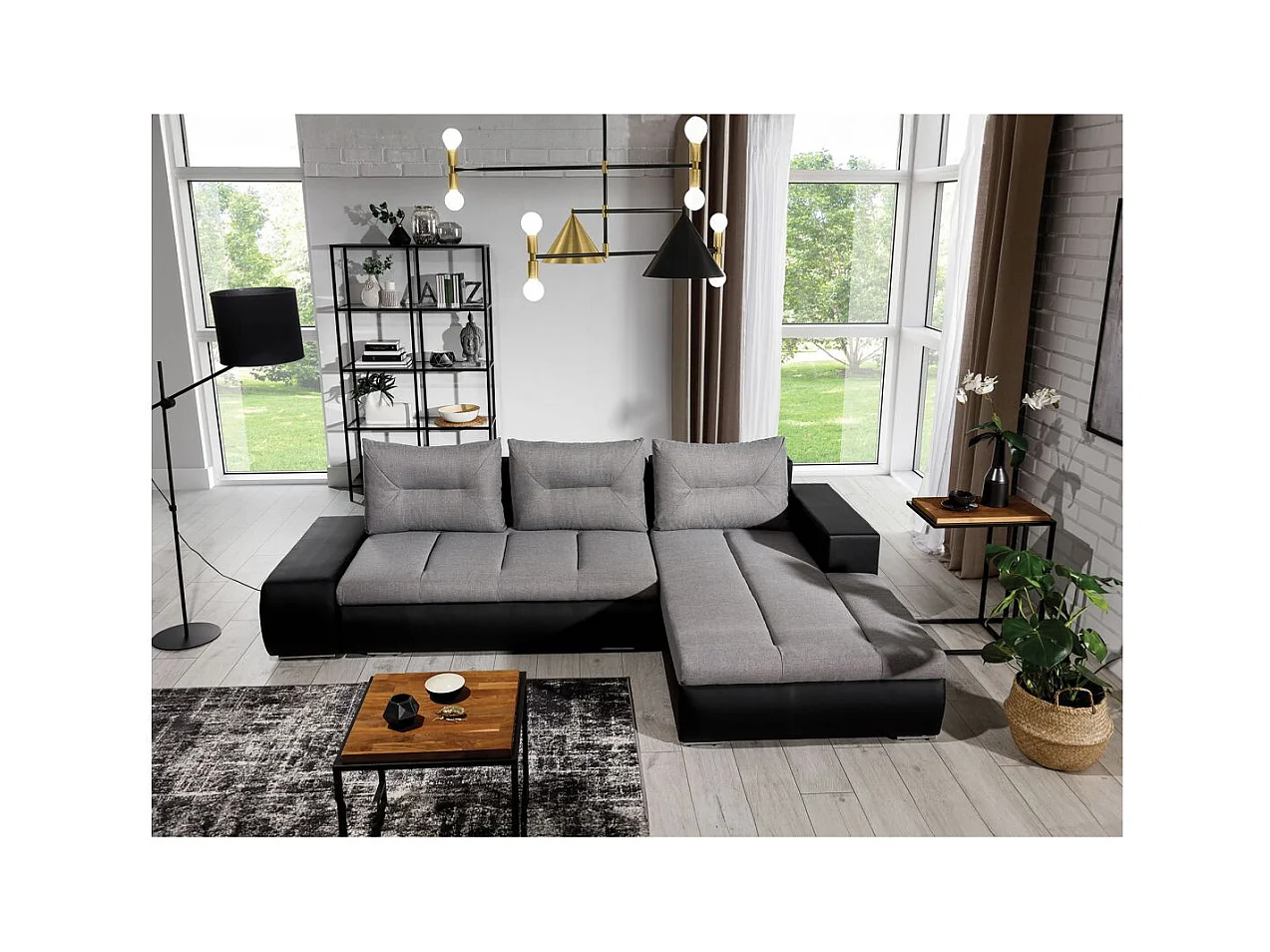 Canapé d'angle droit 4 places NARA convertible en simili et tissu - Noir/Gris clair