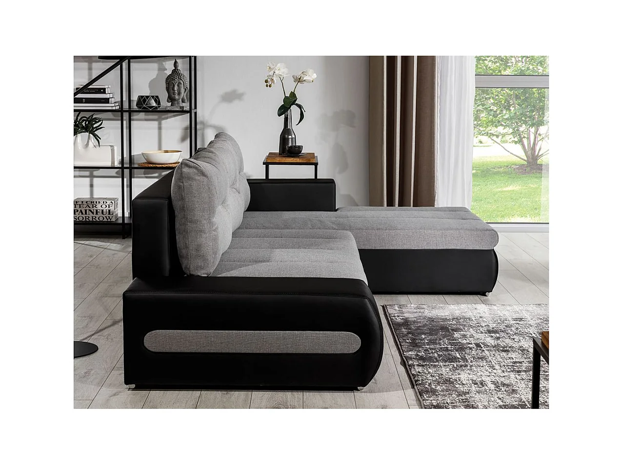 Canapé d'angle droit 4 places NARA convertible en simili et tissu - Noir/Gris clair