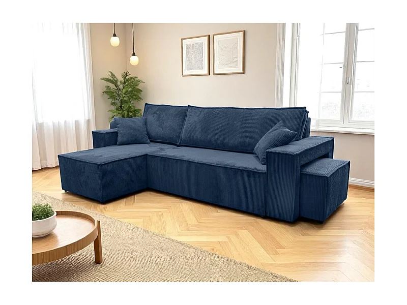 Canapé FARAH d'angle réversible et convertible 4 places avec un pouf en velours côtelé - Bleu foncé