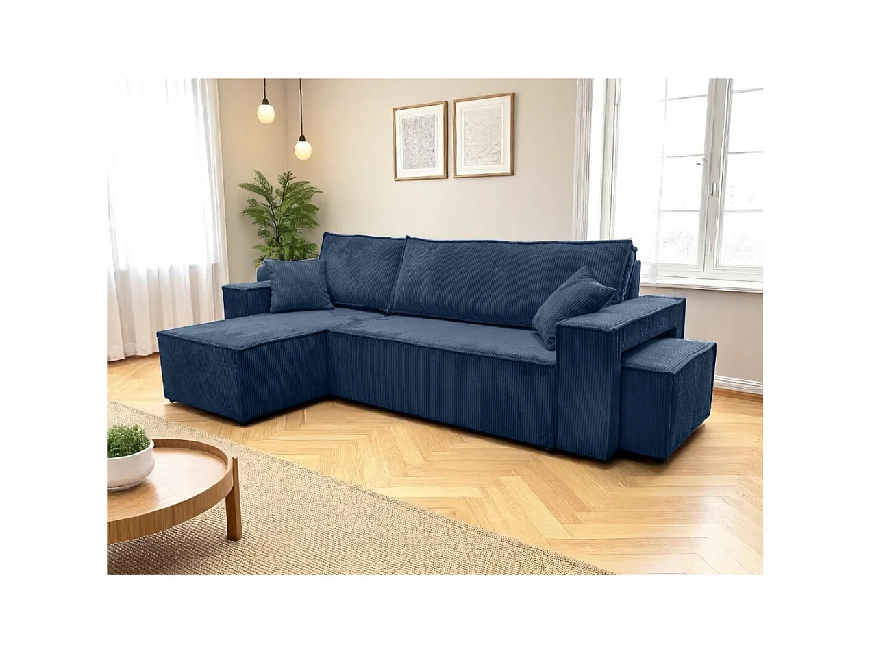 Canapé FARAH d'angle réversible et convertible 4 places avec un pouf en velours côtelé - Bleu foncé