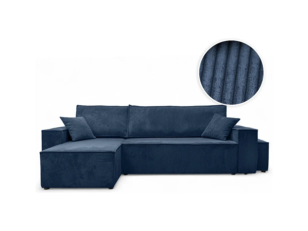 Canapé FARAH d'angle réversible et convertible 4 places avec un pouf en velours côtelé - Bleu foncé