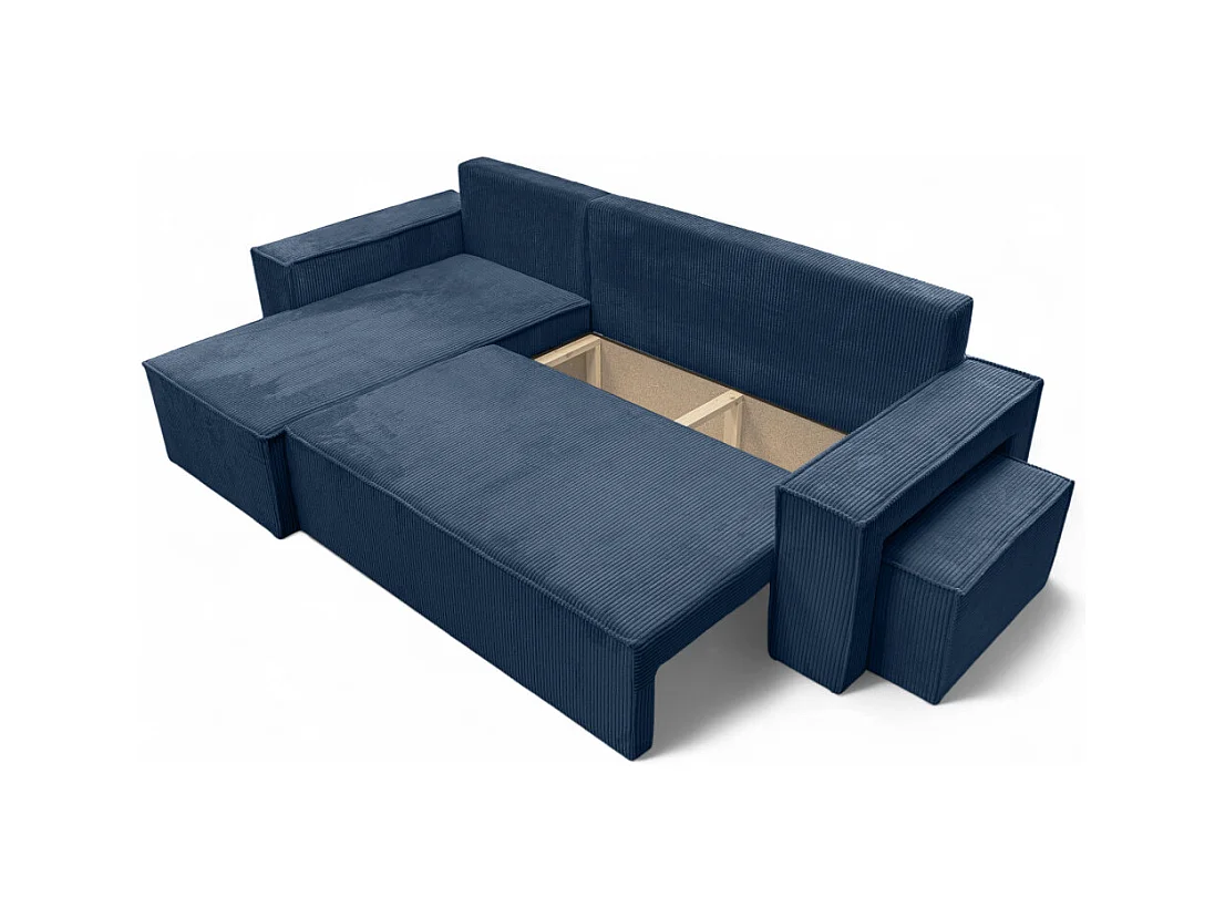 Canapé FARAH d'angle réversible et convertible 4 places avec un pouf en velours côtelé - Bleu foncé