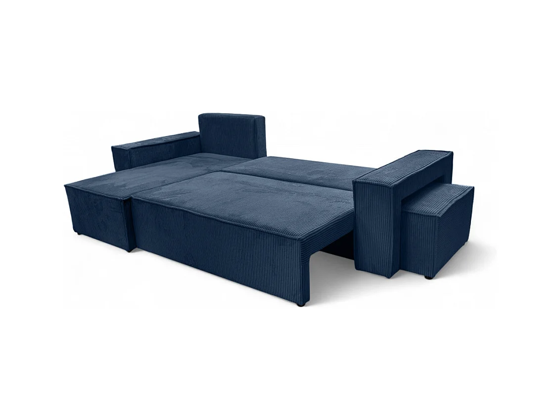 Canapé FARAH d'angle réversible et convertible 4 places avec un pouf en velours côtelé - Bleu foncé