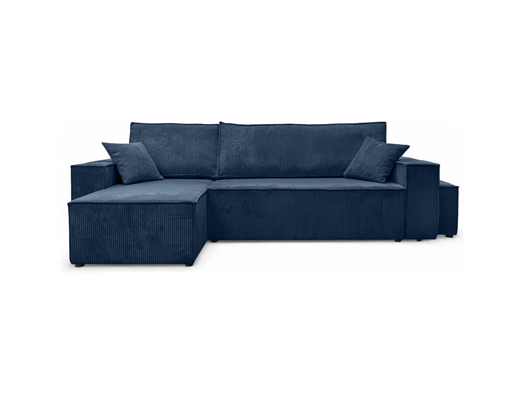 Canapé FARAH d'angle réversible et convertible 4 places avec un pouf en velours côtelé - Bleu foncé