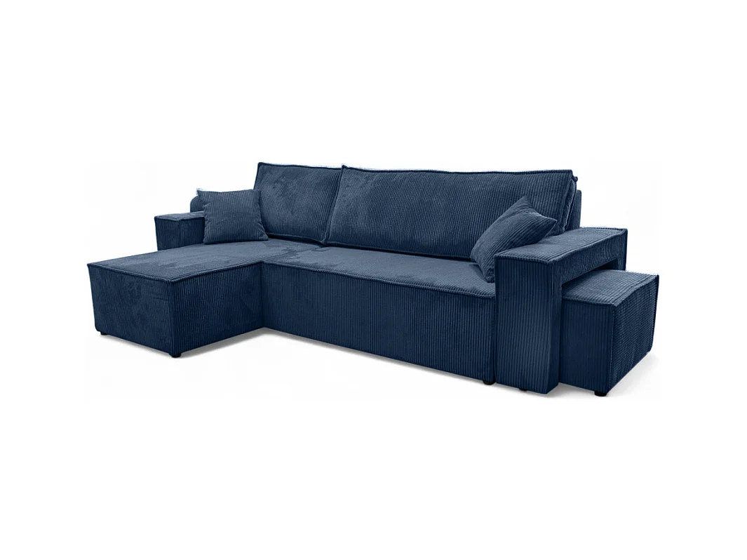 Canapé FARAH d'angle réversible et convertible 4 places avec un pouf en velours côtelé - Bleu foncé