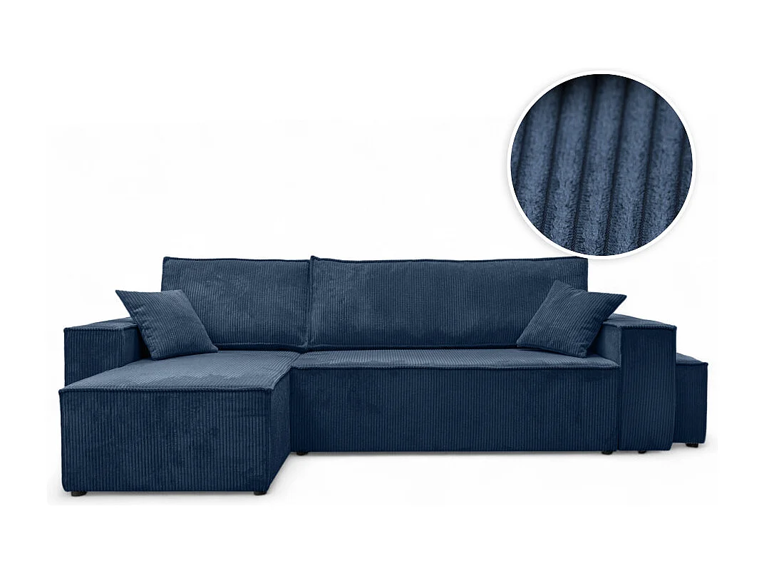 Canapé FARAH d'angle réversible et convertible 4 places avec un pouf en velours côtelé - Bleu foncé
