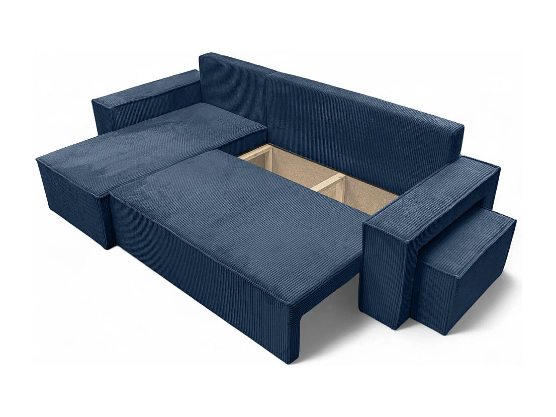 Canapé FARAH d'angle réversible et convertible 4 places avec un pouf en velours côtelé - Bleu foncé