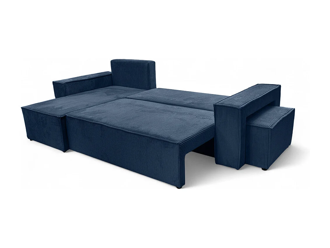 Canapé FARAH d'angle réversible et convertible 4 places avec un pouf en velours côtelé - Bleu foncé