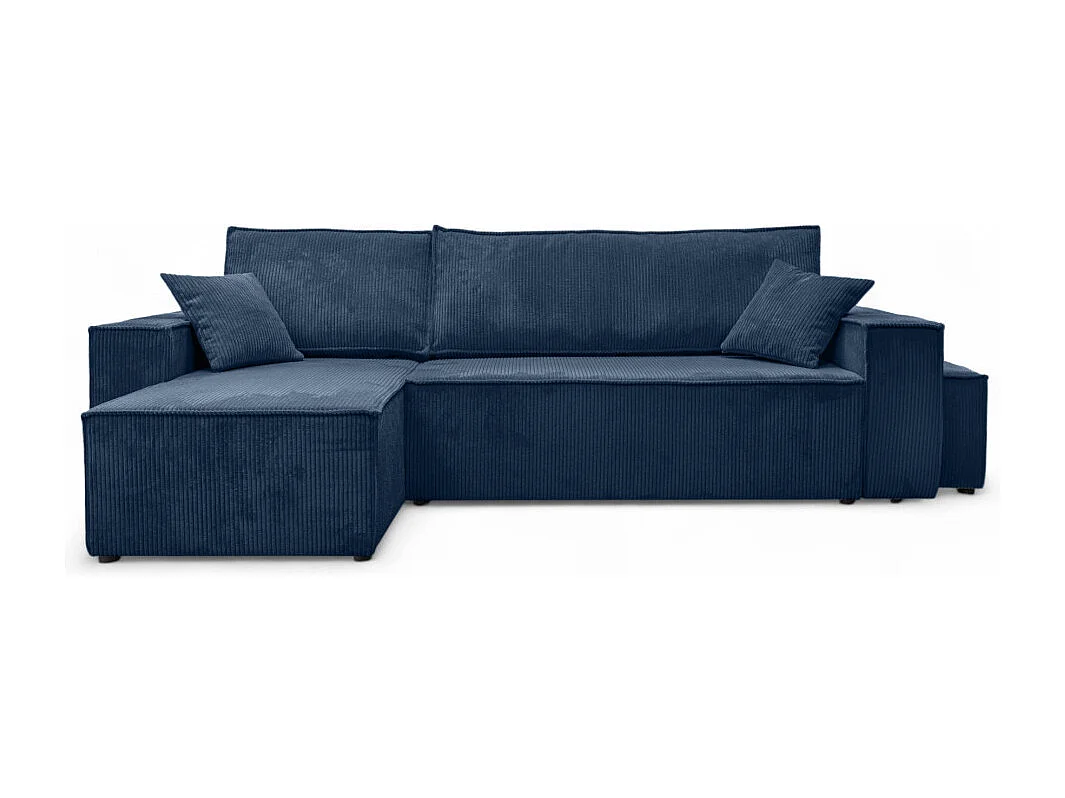 Canapé FARAH d'angle réversible et convertible 4 places avec un pouf en velours côtelé - Bleu foncé