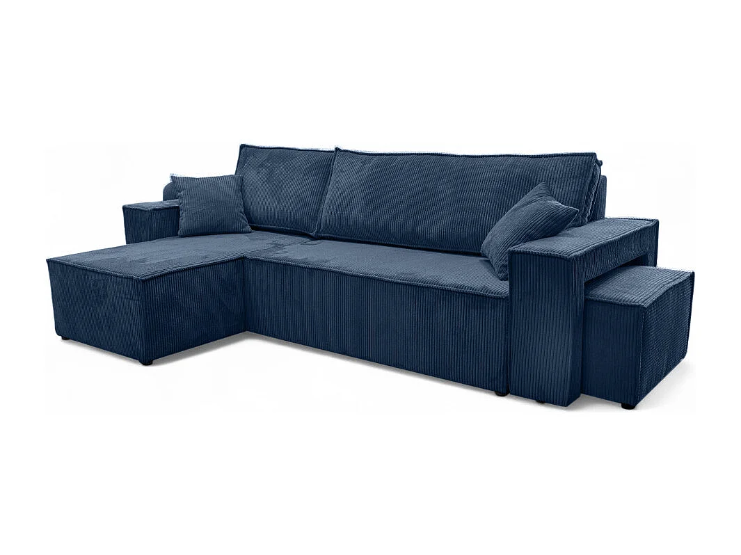 Canapé FARAH d'angle réversible et convertible 4 places avec un pouf en velours côtelé - Bleu foncé