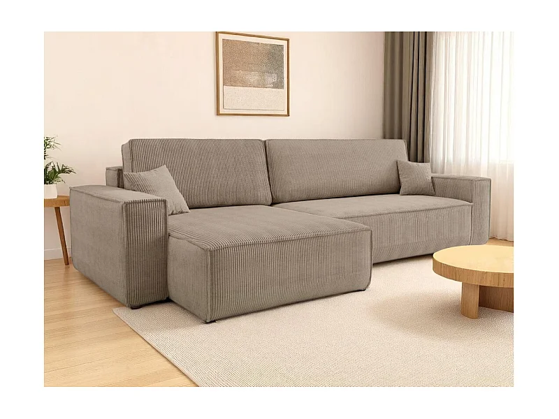 Canapé FARAH d'angle max réversible et convertible 5 places en velours côtelé - Taupe