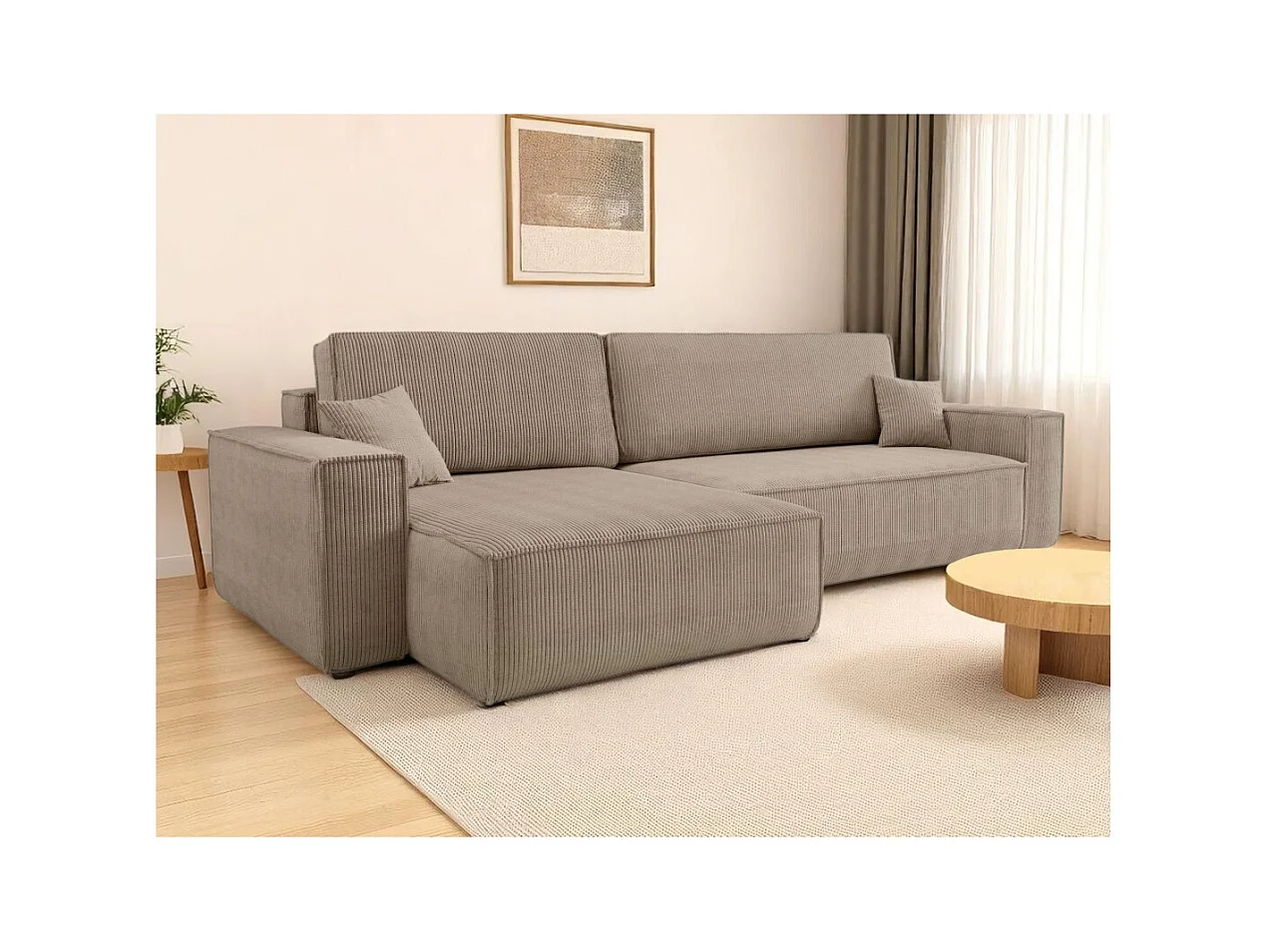 Canapé FARAH d'angle max réversible et convertible 5 places en velours côtelé - Taupe