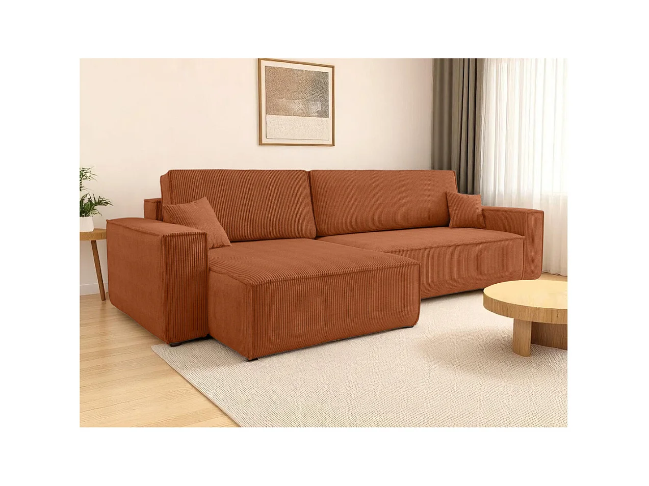 Canapé FARAH d'angle max réversible et convertible 5 places en velours côtelé - Terracotta