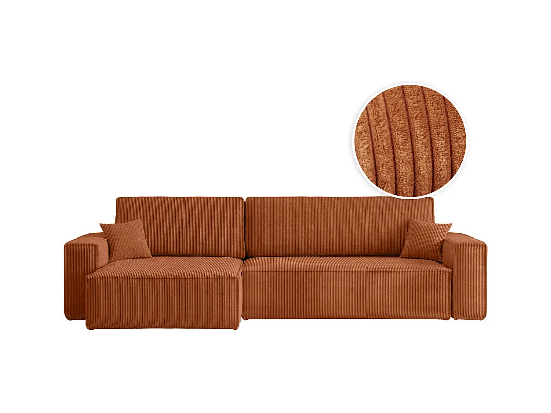 Canapé FARAH d'angle max réversible et convertible 5 places en velours côtelé - Terracotta