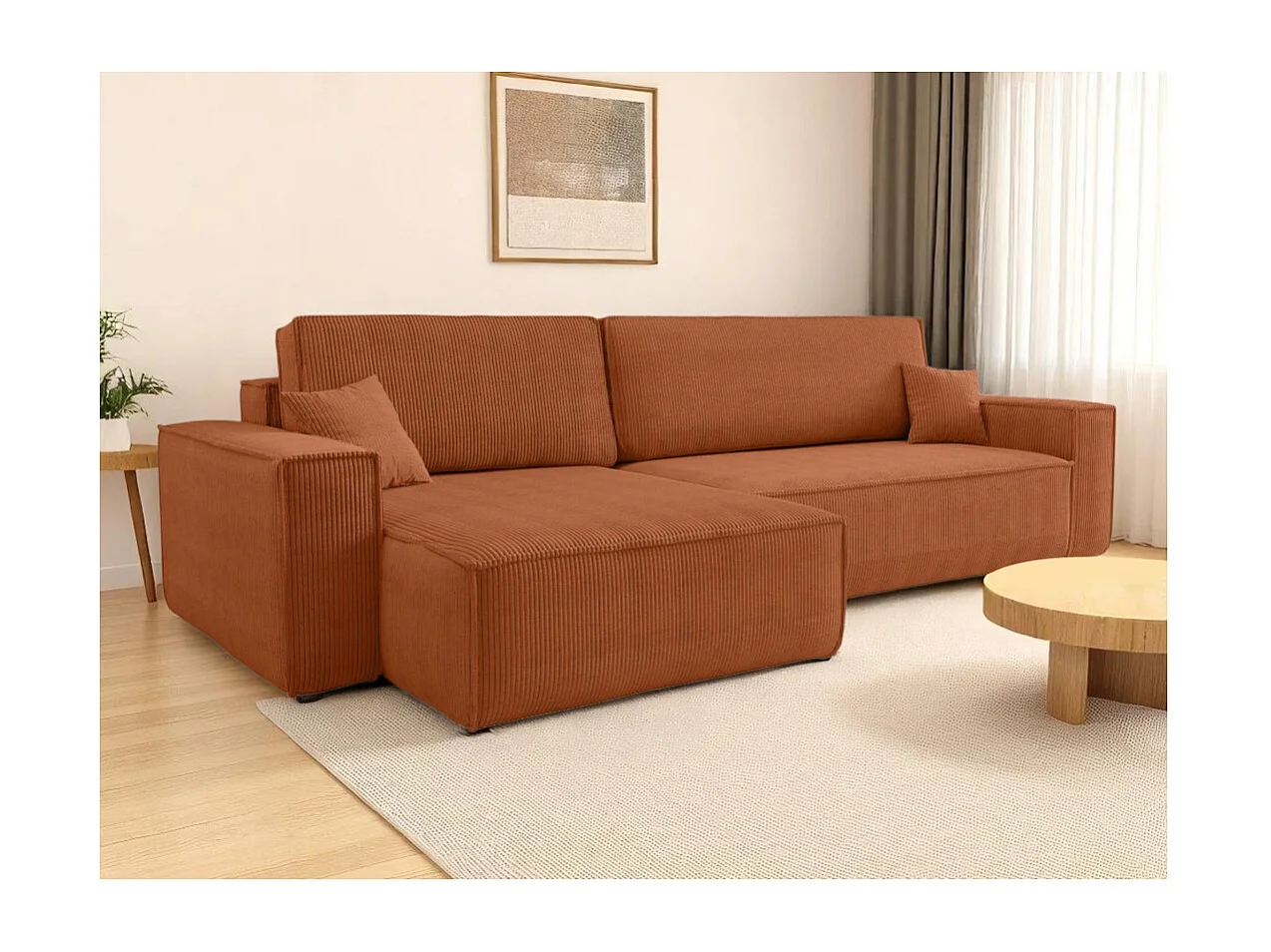 Canapé FARAH d'angle max réversible et convertible 5 places en velours côtelé - Terracotta