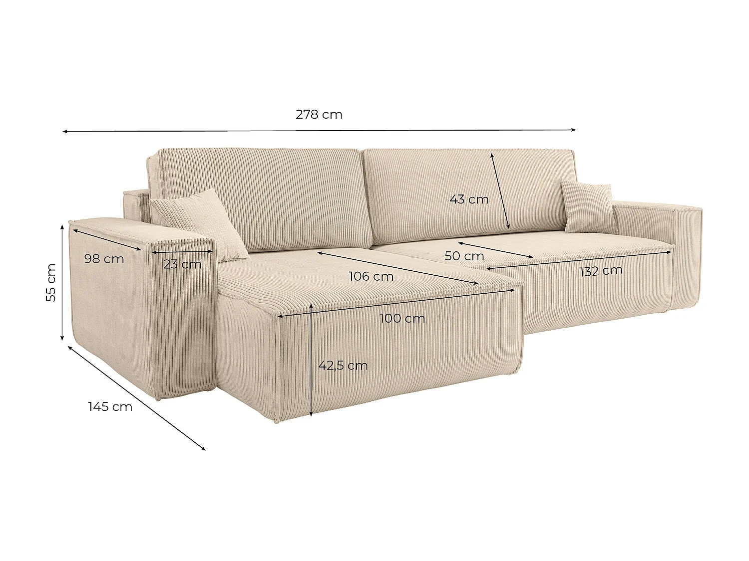 Canapé FARAH d'angle max réversible et convertible 5 places en velours côtelé - Terracotta