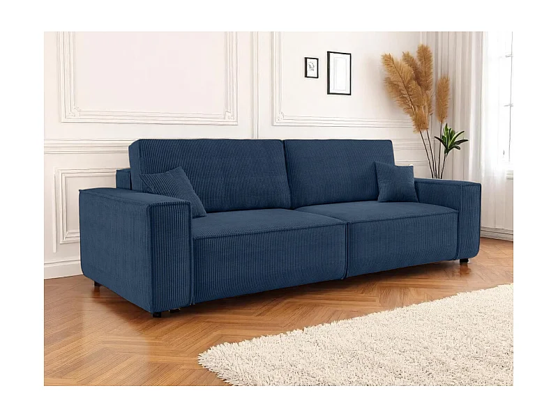 Canapé droit 3 places FARAH convertible en velours côtelé - Bleu foncé