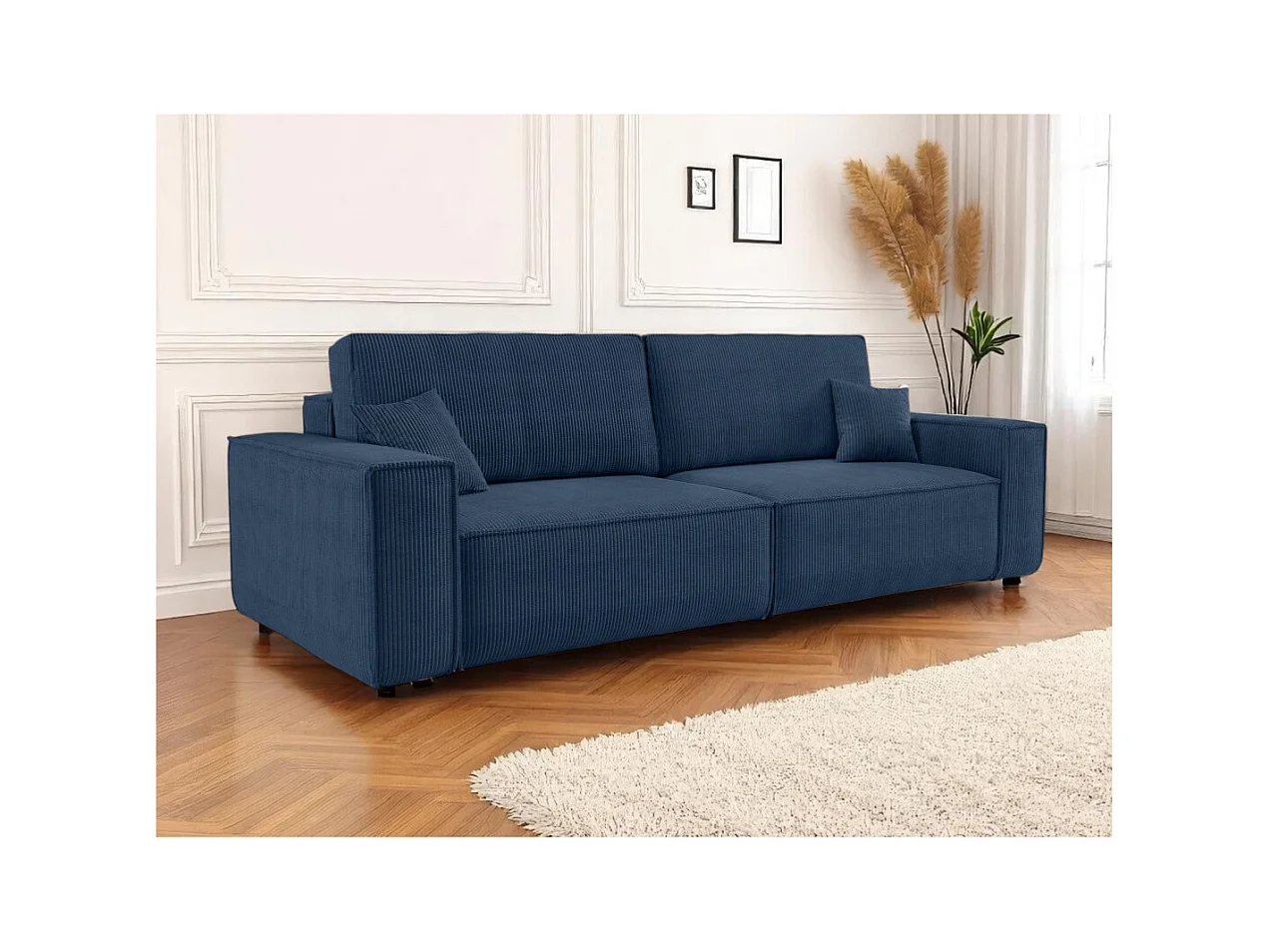 Canapé droit 3 places FARAH convertible en velours côtelé - Bleu foncé