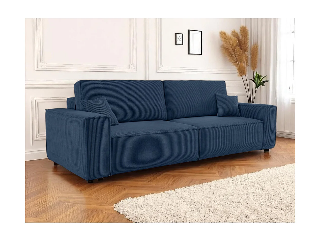 Canapé droit 3 places FARAH convertible en velours côtelé - Bleu foncé